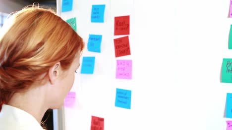 Woman-putting-sticky-notes-on-whiteboard