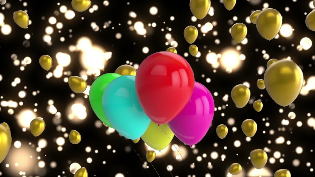 animación de globos y luces de colores volando sobre un fondo negro