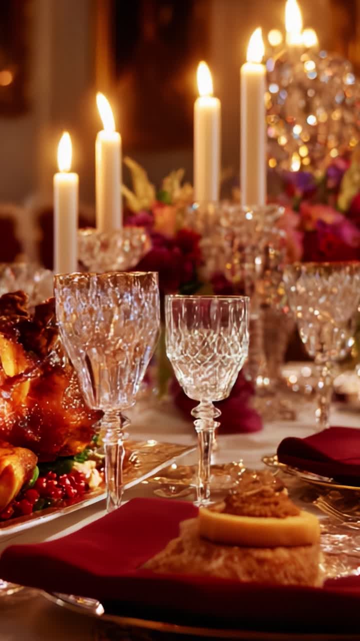 A Lavishly Decorated Dining Table with Elegant Crystal Glassware, Flickering Candles, and a Festive Feast Featuring a Roast, Surrounded by Exquisite Floral Arrangements for a Special Gathering