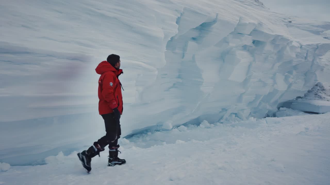 눈 덮인 풍경을 걷는 남자