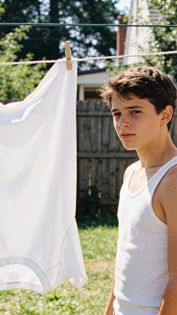 Vertical video: Hearing offscreen noise, teen in tank top turning, checking T-shirt on yard line