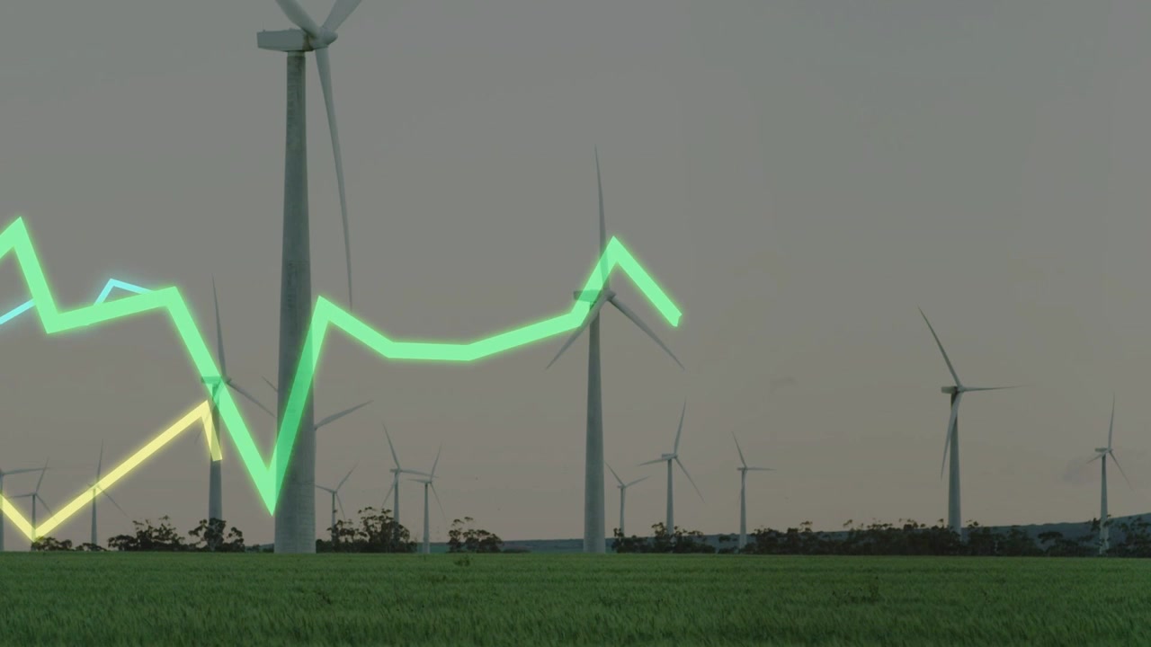 Vindturbiner langs horisonten, neonlinjer kommer frem fra nederst til venstre og sporer stigende energitrender