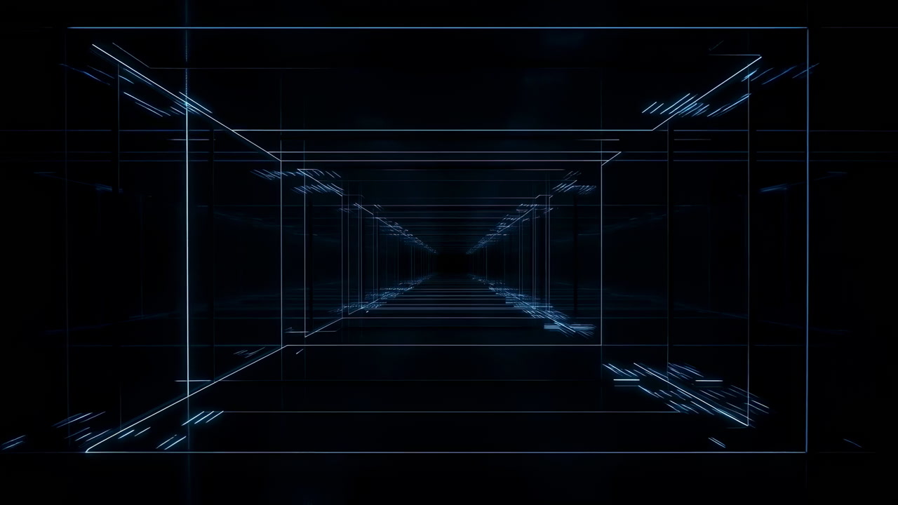 Neon Corridor Tunnel With Grid Perspective, Glowing Cyan Lines Forming Endless Virtual Passage, Wireframe