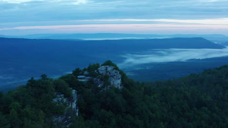 An-aerial-shot-of-Big-Schloss,-Great-North-Mountain-and-the-Trout-Run-Valley-at-dawn,-located-on-the-Virginia-West-Virginia-Border-within-the-George-Washington-National-Forest