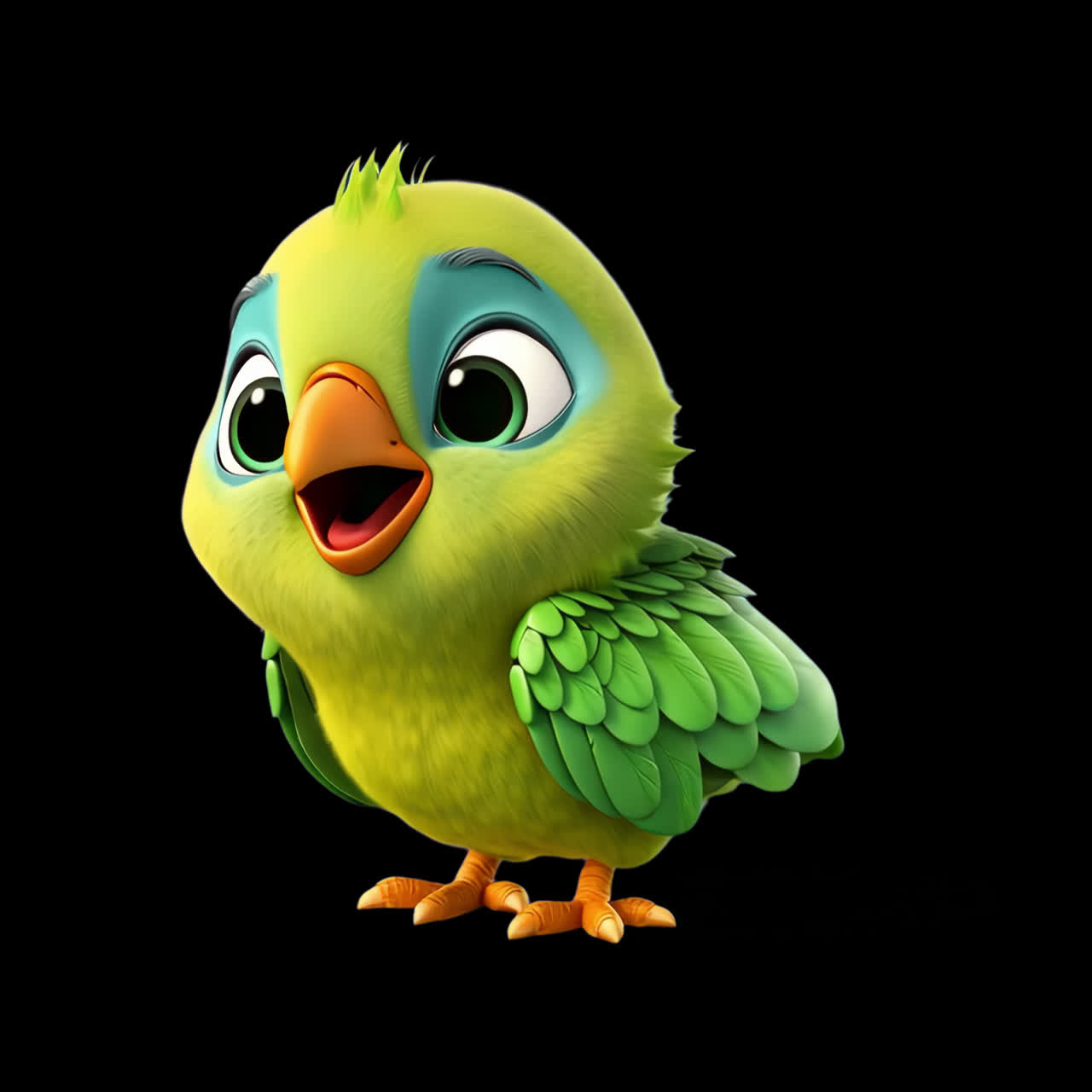 Green baby parrot cartoon animation isolated asset, transparent 4K video, alpha channel, ProRes 4444