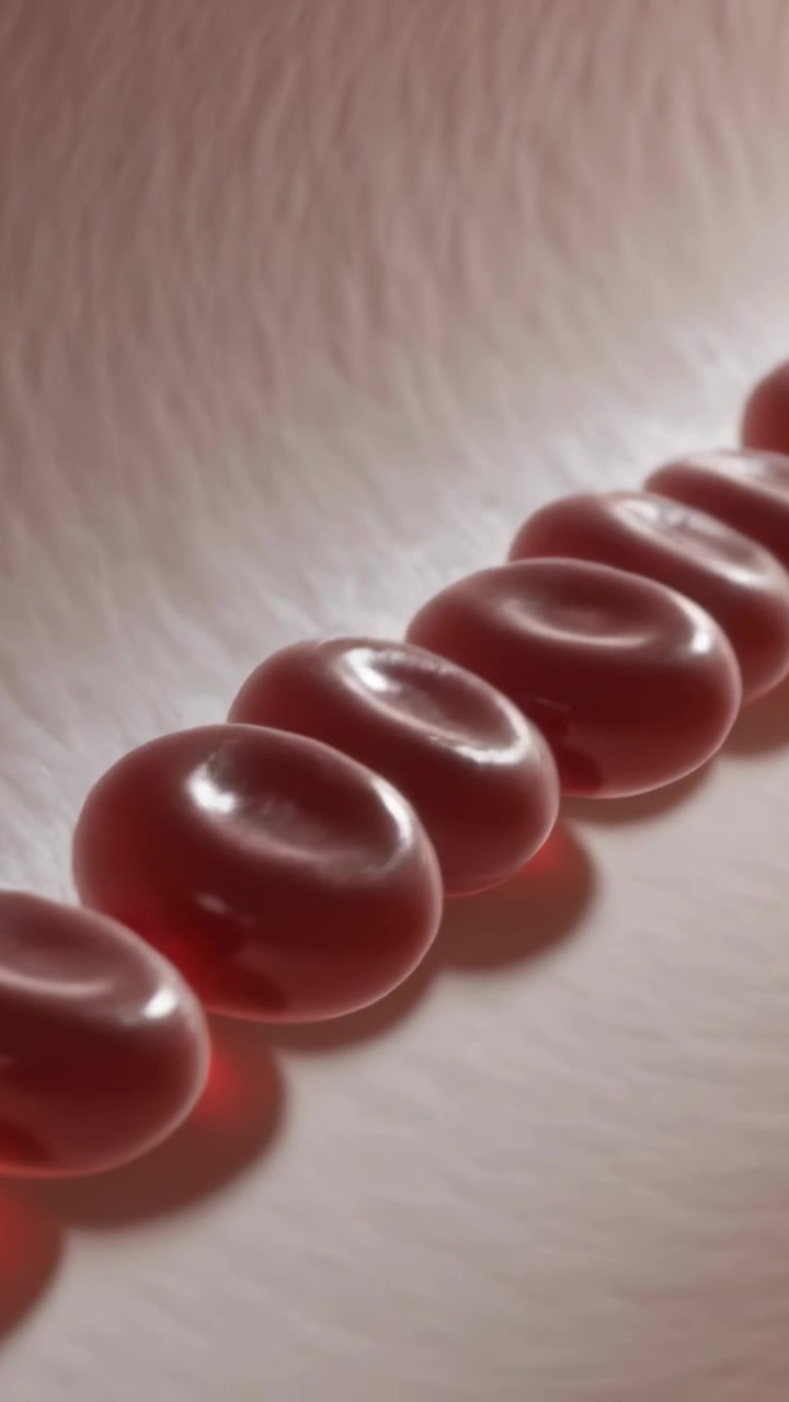 Video verticale: Flusso di fluido che spinge globuli rossi biconcavi che scivolano lungo la parete tubolare, con riflessi.