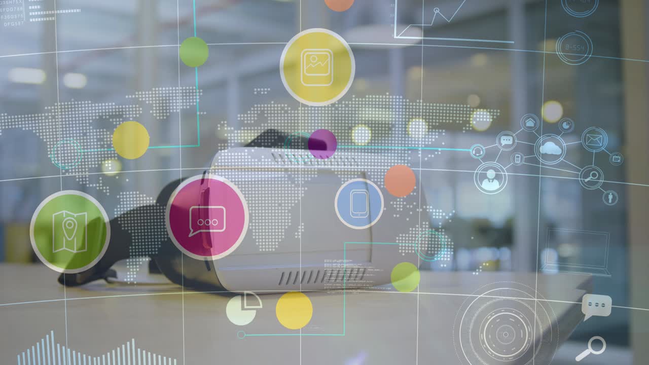 세계 지도 위의 디지털 아이콘의 애니메이션과 배경의 vr 헤드 ⁇