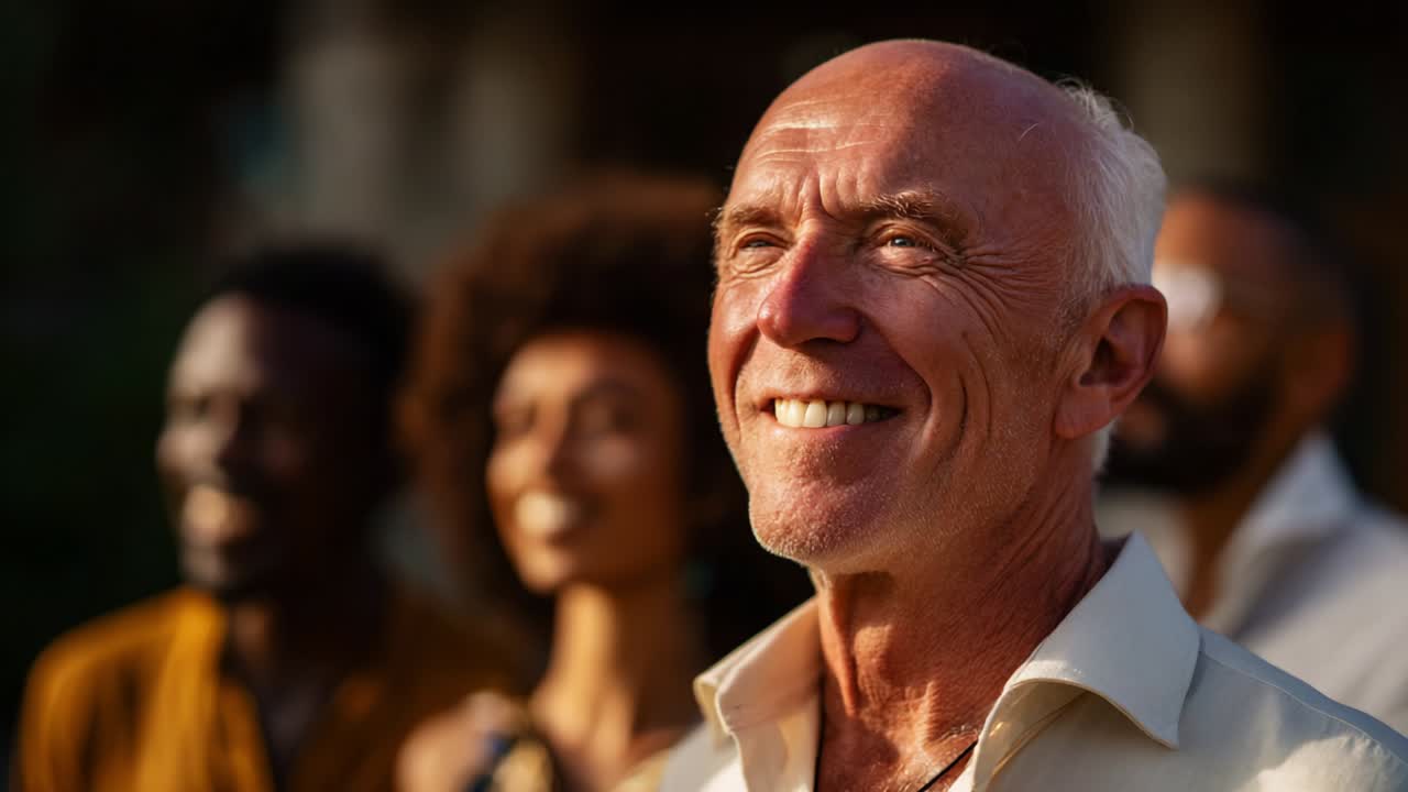 Um momento alegre capturado, apresentando um grupo de pessoas com diferentes origens, centralizado em um homem mais velho cujo sorriso caloroso irradia felicidade, transmitindo um sentimento de camaradagem e conexão dentro do grupo.
