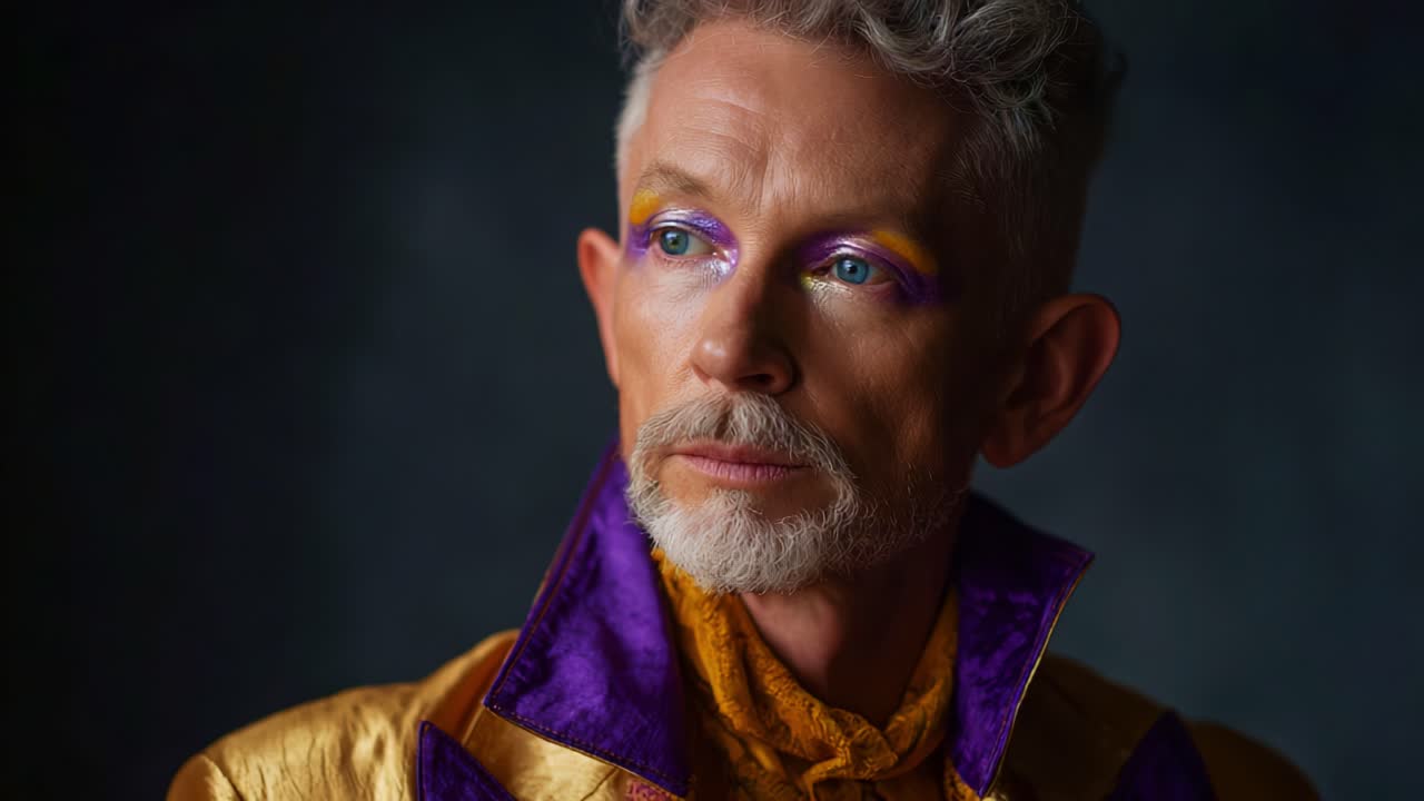 A Striking Portrait of an Individual with Silver Hair and Bold Makeup, Exuding Confidence and Style in a Colorful Ensemble Against a Dark Backdrop