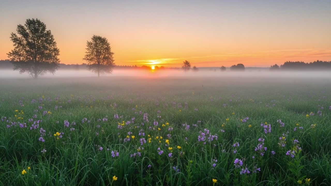 A Serene Sunrise Over a Misty Field Filled with Colorful Wildflowers and Lush Green Grass, Capturing the Beauty of Nature's Awakening at Dawn