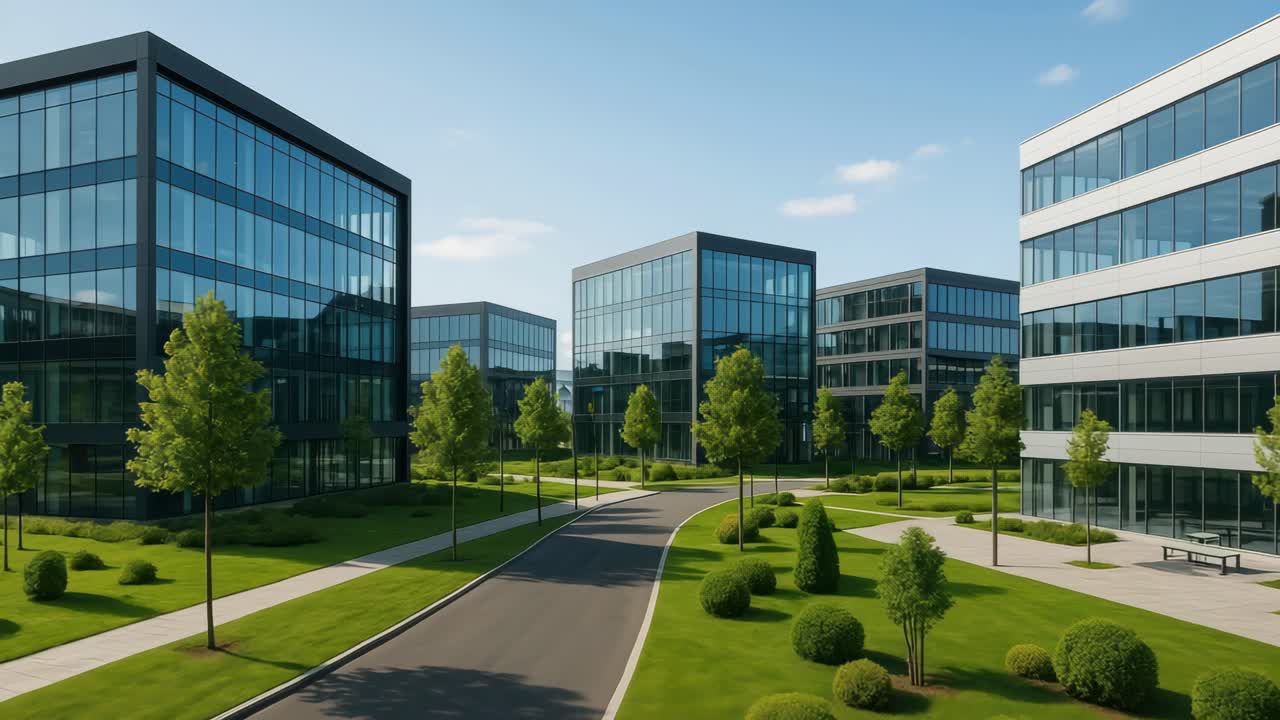Parque de escritórios moderno com edifícios elegantes de vidro e vegetação exuberante