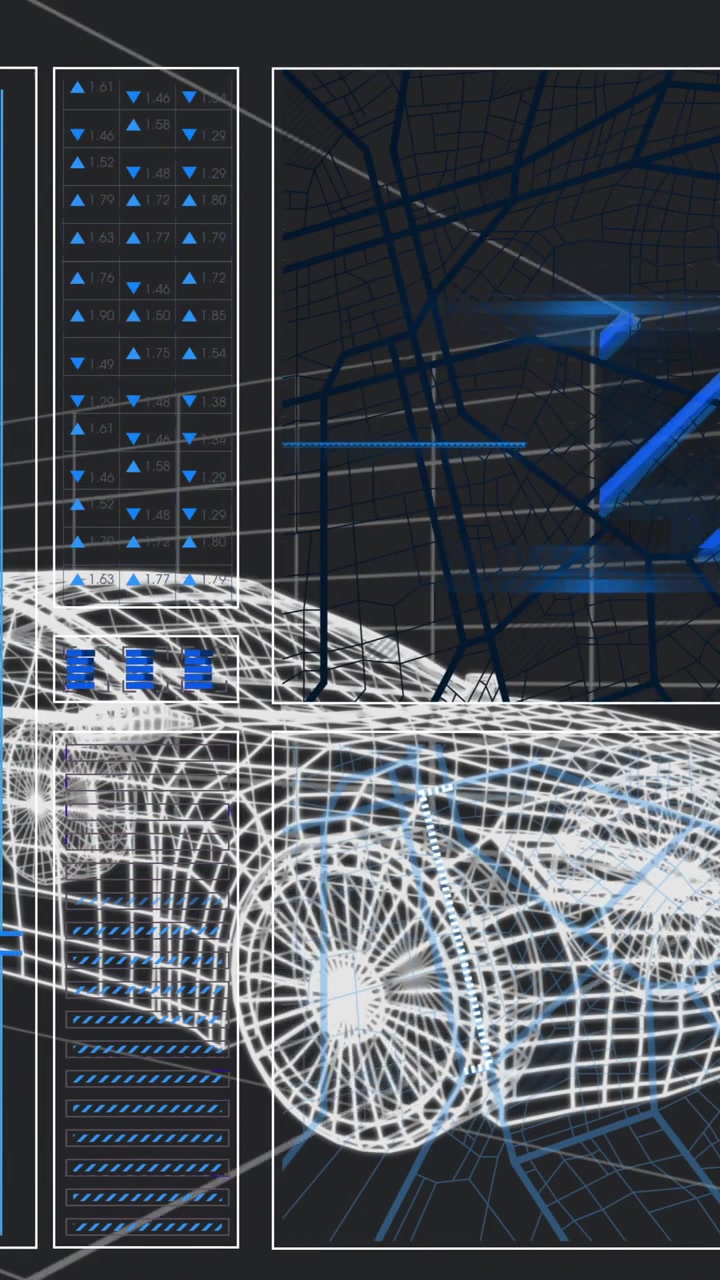 Animação de gráfico, números variáveis, círculos de carregamento e linhas com modelo 3D de carro.