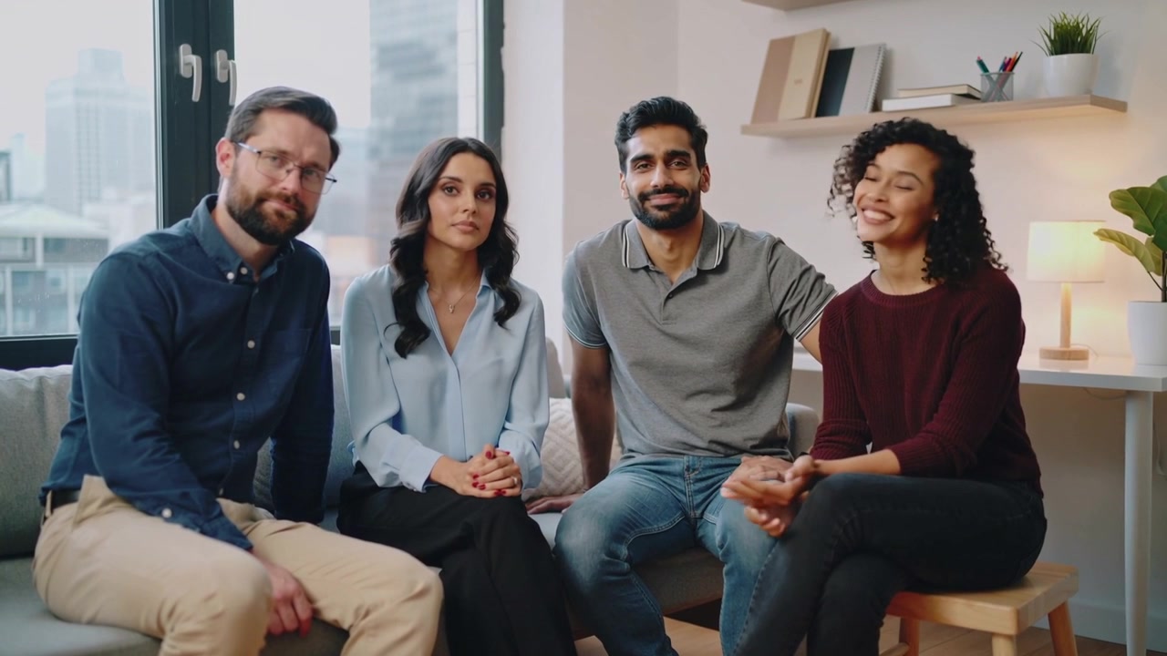 Shifting group of four adults listening and smiling while second-from-left woman speaking on sofa