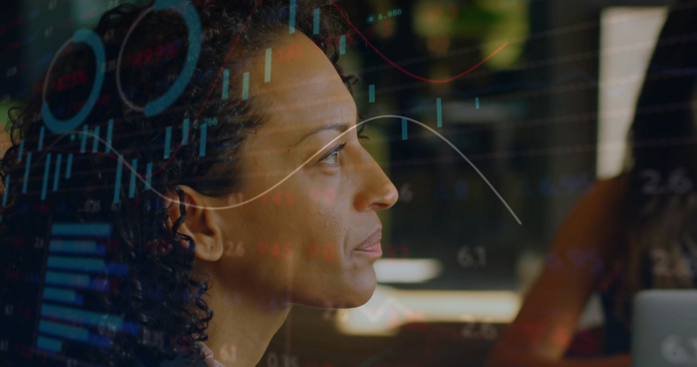 Analyst woman reacting to live data update, scanning candles, line charts on glass pane for trading