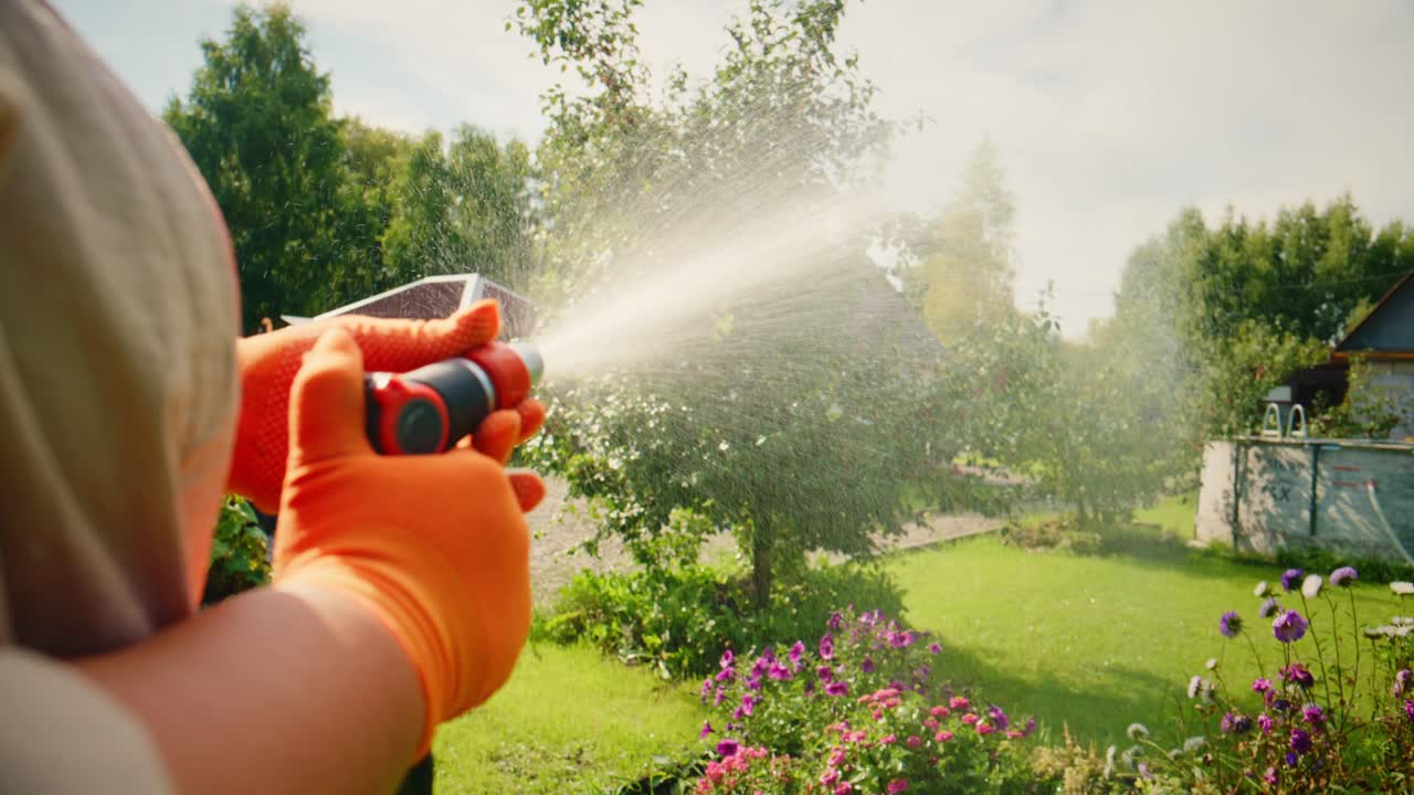 Gioia del giardinaggio: una splendida giornata in cui un giardiniere domestico innaffia fiori vivaci e piante verdeggianti in un tranquillo cortile con aria fresca e sole