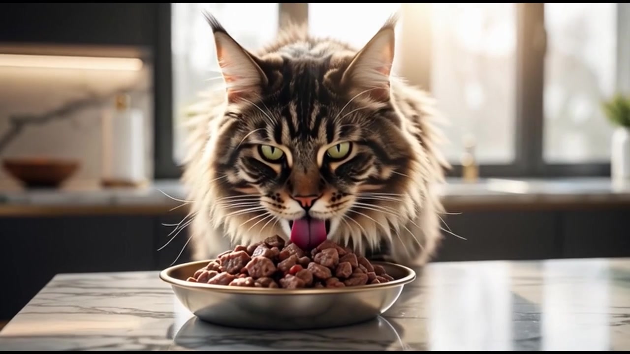 Maine Coon Katze frisst Trockenfutter aus einem Napf in einer Küche