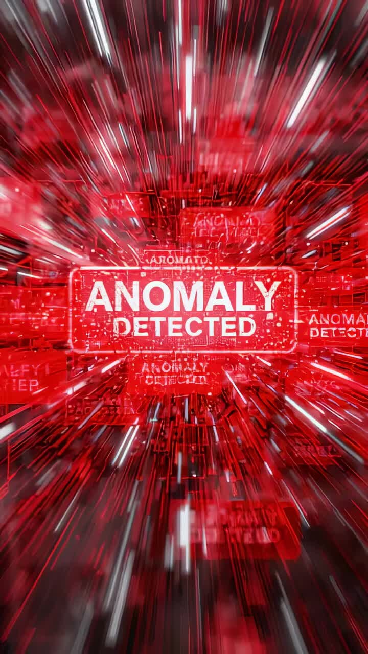 Lodret video: Accelererende central etiketlæsning, ANOMALI REGISTRERET, zoomer gennem rød HUD-brugerflade
