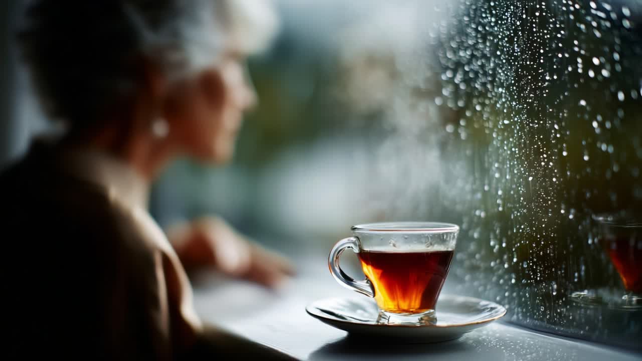 A contemplative moment captured as an elderly person gazes out of a rain-soaked window, with a warm cup of tea resting beside them—symbolizing comfort and reflection during a rainy day