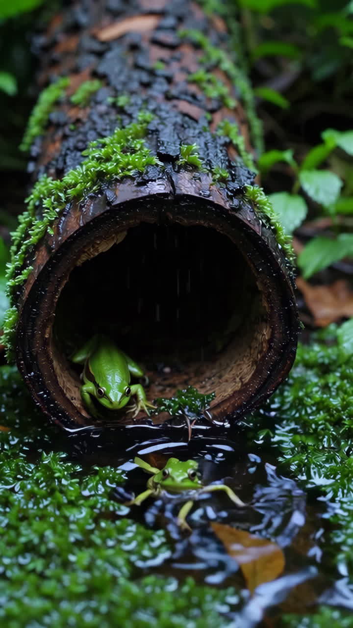 Green Frog Hiding in a Log in a Rainforest