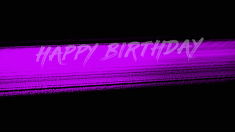 glowing neon happy birthday greeting in purple on black background