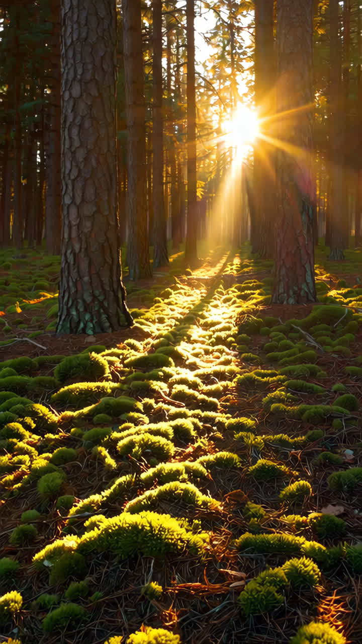 Sunlit Forest Floor with Moss and Golden Light Rays