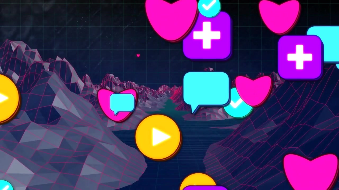 Small magenta heart sparking marketing icons surging forward over low-poly valley, symbolizing buzz