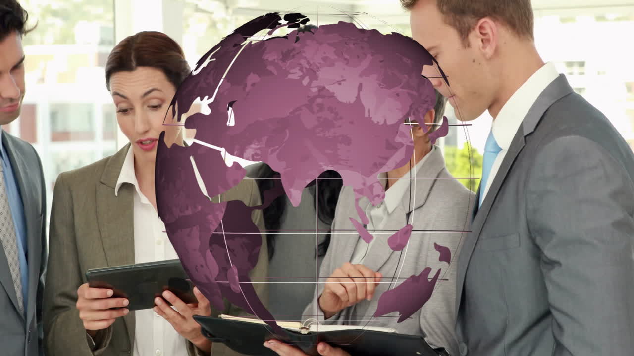 Business professionals discussing over digital globe animation in office setting