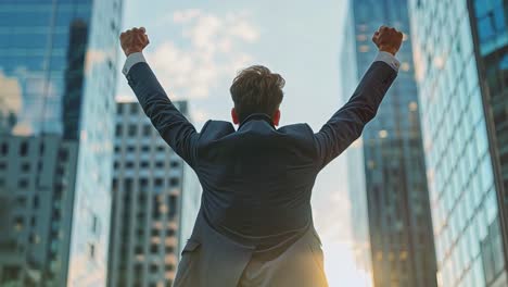 successful businessman celebrating in city