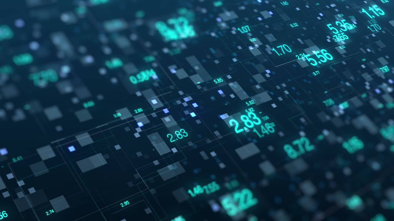 computernetwerk in de cyberspace met gloeiende gegevensnummers op blauwe achtergrond.