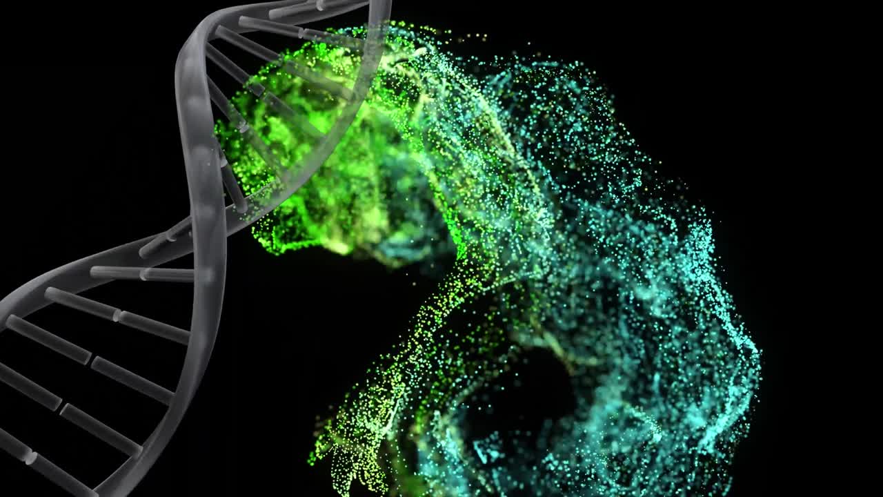 animación de la hélice de adn giratoria sobre el patrón de onda dinámica contra un fondo negro
