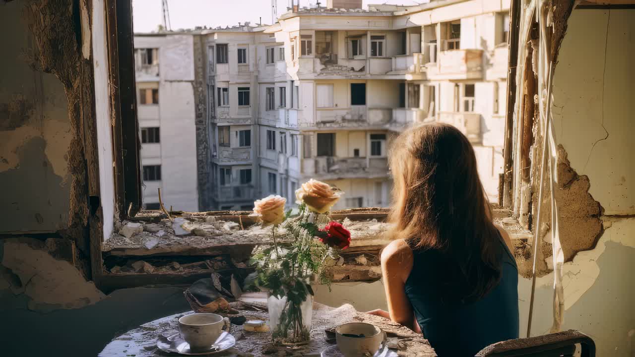 Woman sitting at a chipped table adorned with teacups and a vase of roses, gazing through a broken window at the devastated buildings of a war torn city