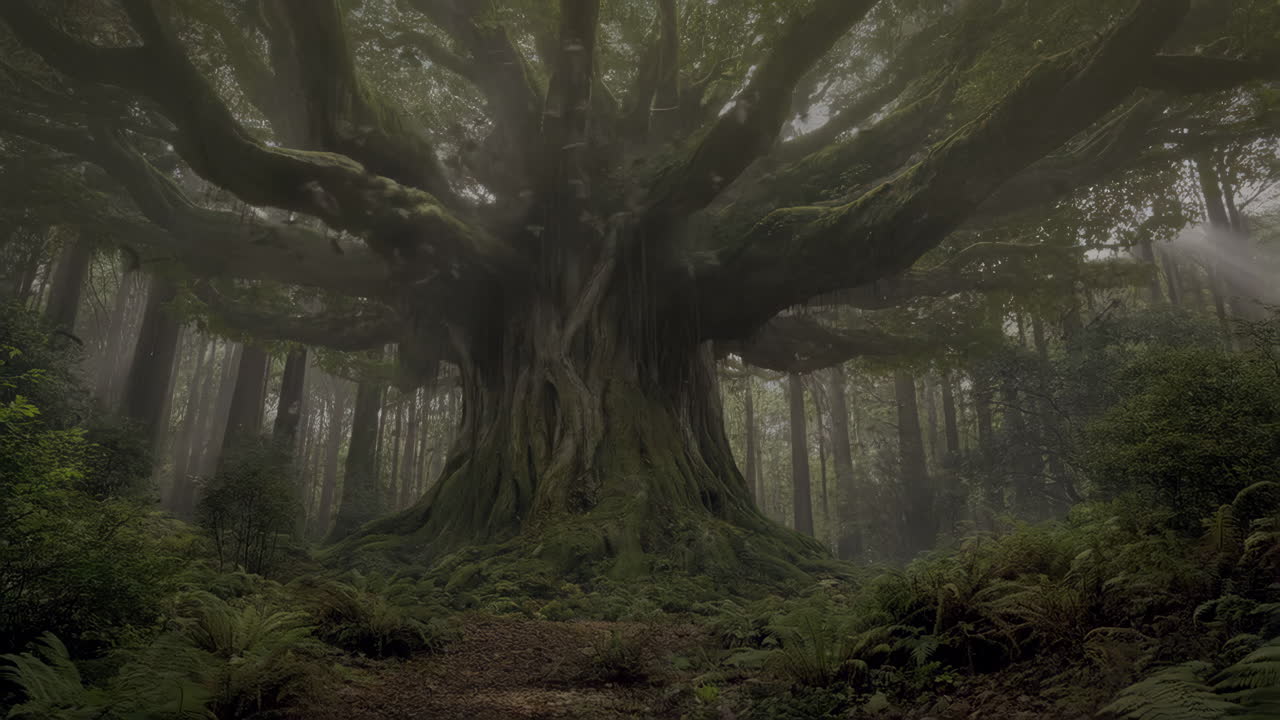 Ancient Moss-Covered Tree in a Misty Forest