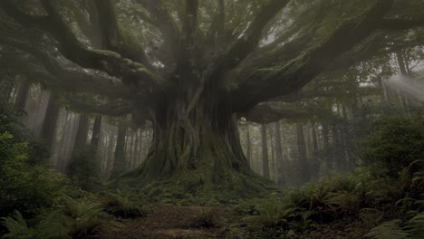 ancient moss-covered tree in a misty forest