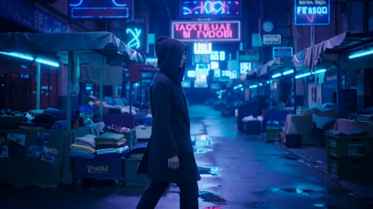 Uomo incappucciato che entra da sinistra, muovendosi attraverso un vicolo di mercato al neon per superare bancarelle chiuse.