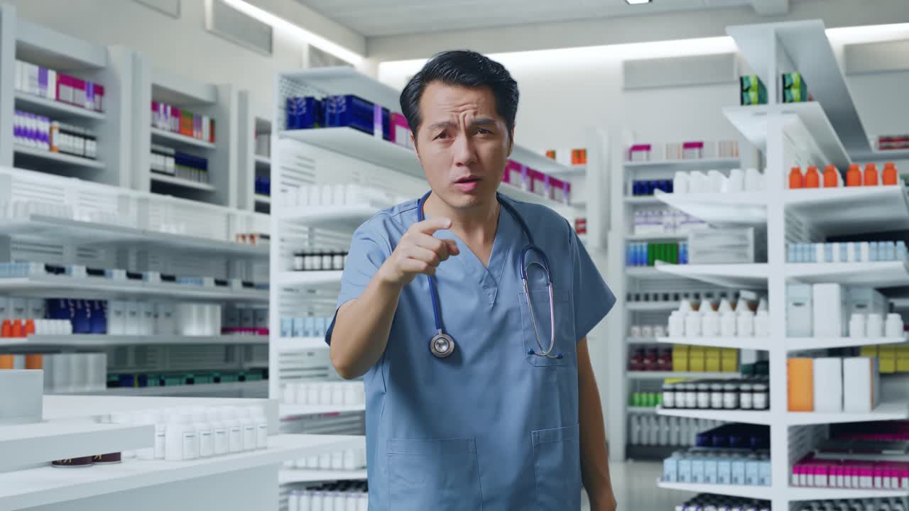 스테토스코프를 들고 약국에 서서 카메라에 소리치는 아시아 남성 의사