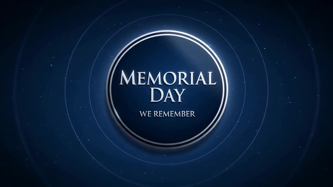 Svepande blänk rör sig över en medaljong på en bakgrund av marinblå ringar, avslöjar MEMORIAL DAY VI MINNS