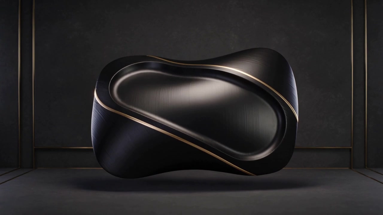 Roterende skulptur, der afslører et guldbånd og en forsænket oval i et galleristudie for at vise formen