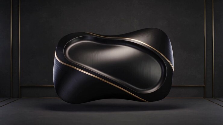 Starting rotation, sculpture revealing gold band and recessed oval in gallery studio to show form