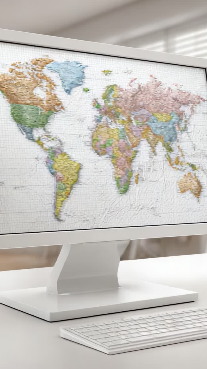 High-resolution digital map displayed on a modern computer monitor, showcasing various continents and countries in vibrant colors, reflecting global geography in a contemporary setting