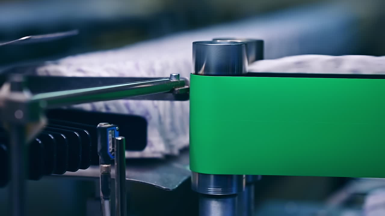 Ready-made diapers sent through two shafts to the conveyor belt. Movement of packed nappies to the conveyor. Close up.