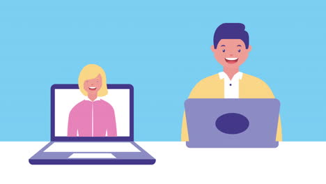 business couple using laptop avatars characters