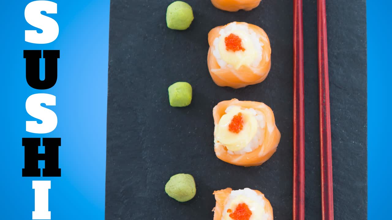 Animation von Sushi und einem Sushi-Teller mit Stäbchen auf blauem Hintergrund