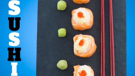 animación de sushi y plato de sushi con palos en fondo azul