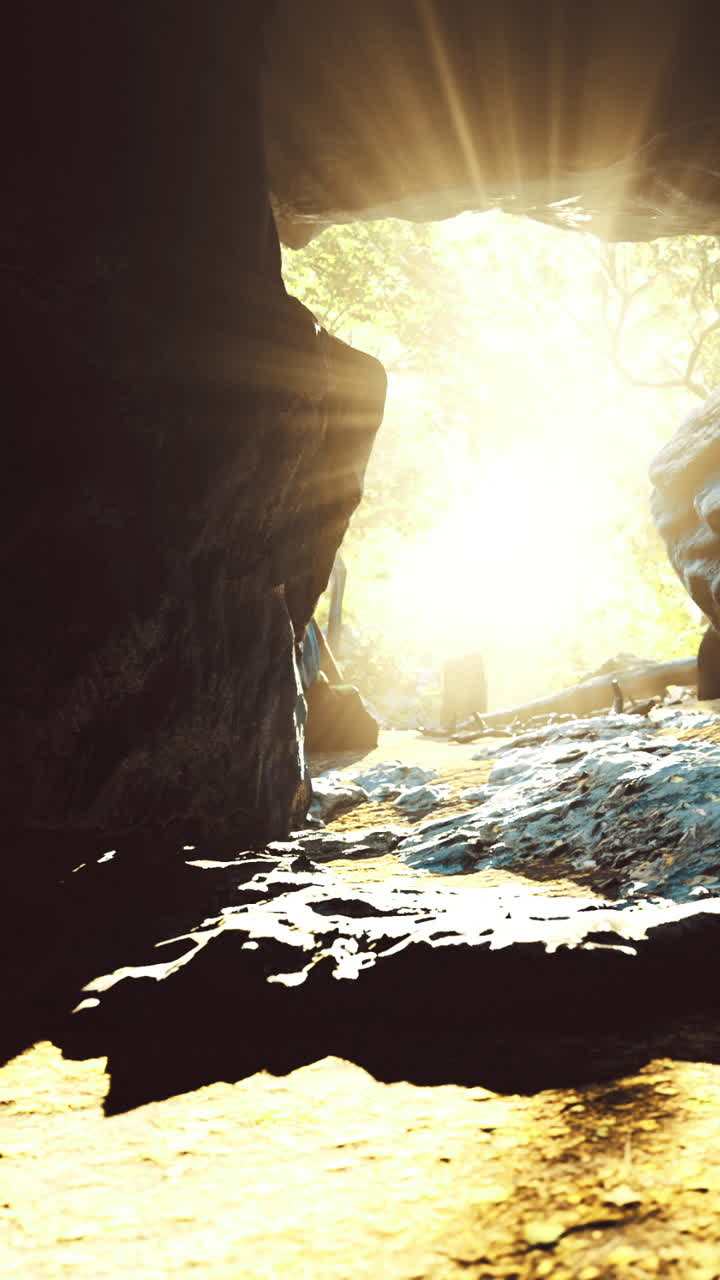 La luce del sole dell'alba filtra attraverso una grotta illuminando l'area