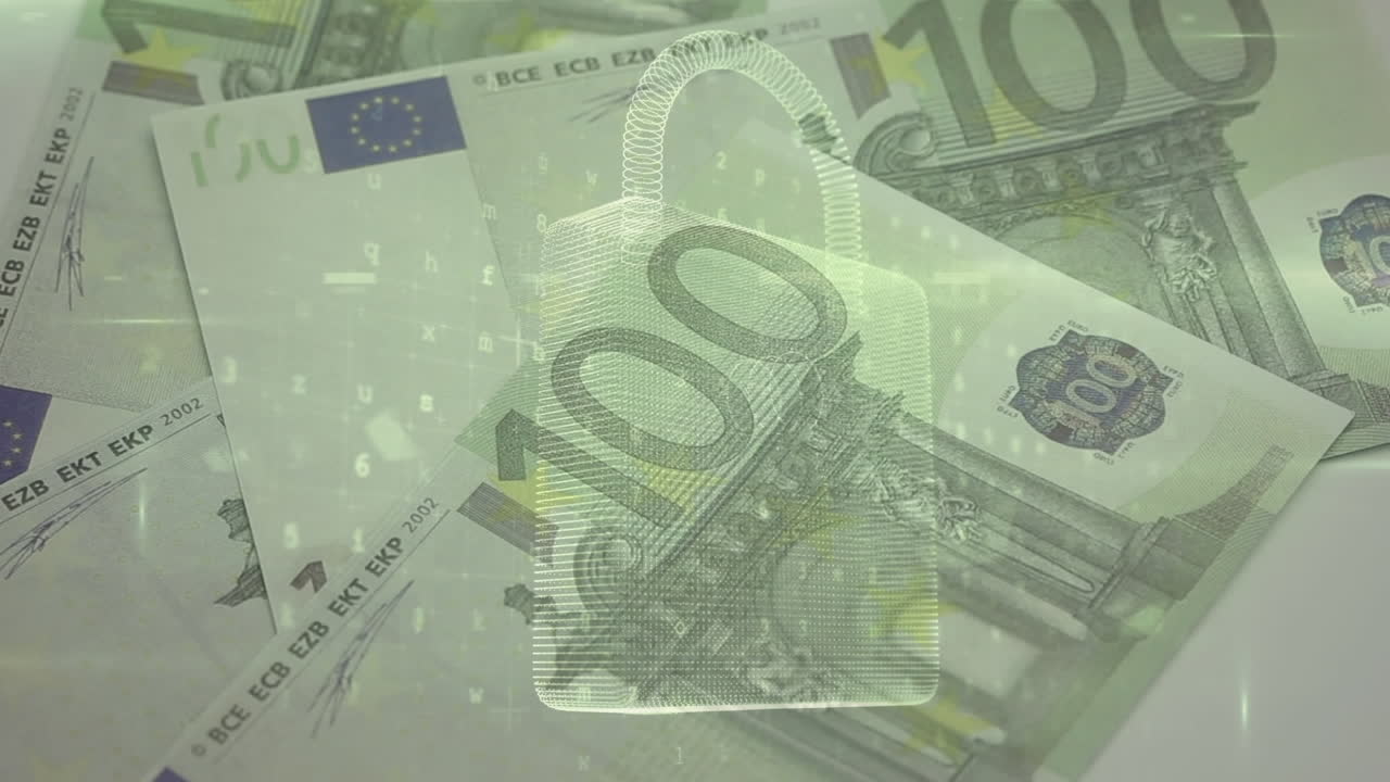 Animation af netværk af forbindelser og sikkerhedshængelås over faldende euro-pengesedler