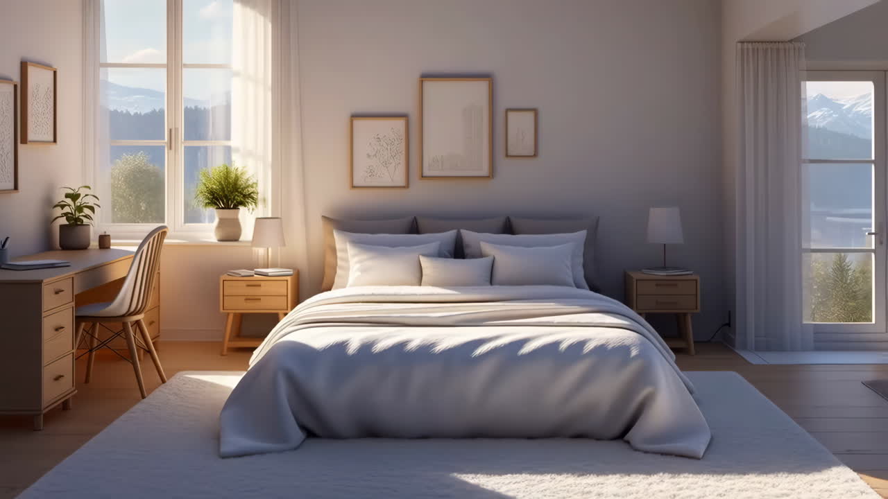 Bright and Serene Bedroom with Mountain View