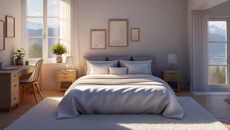 bright and serene bedroom with mountain view