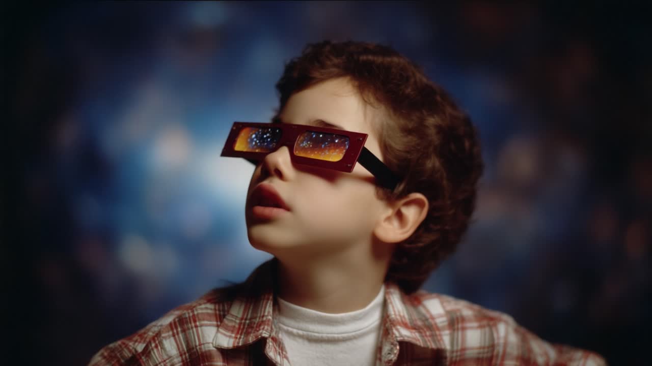A young boy captivated by the wonders of the universe, wearing unique glasses that reveal a cosmic view, embodying the curiosity and imagination of childhood exploration