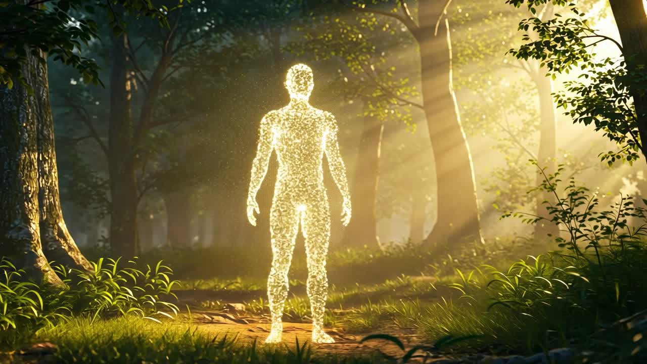 Exploring a mystical forest with a glowing figure surrounded by trees and natural light during early morning