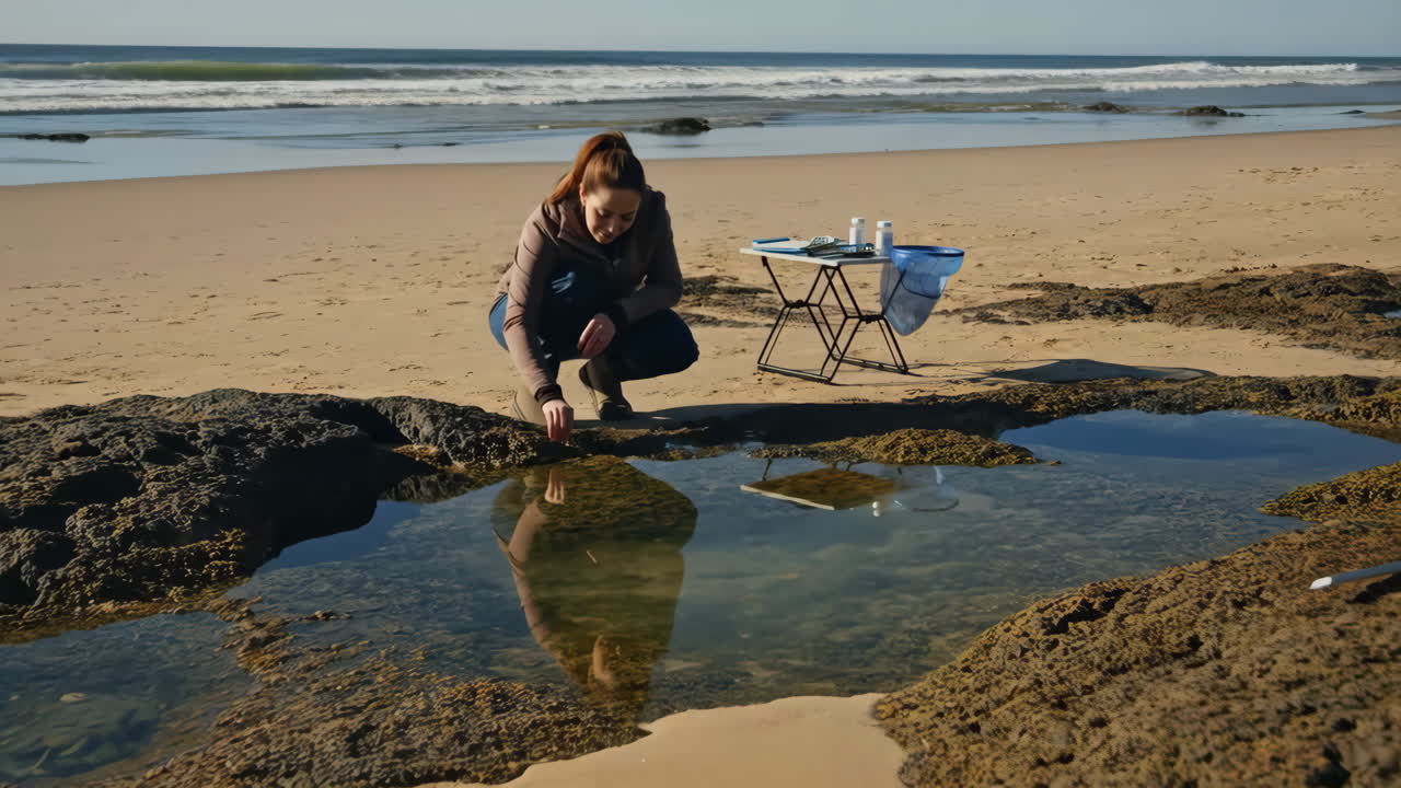Woman conducting research at a tide pool on a sunny beach